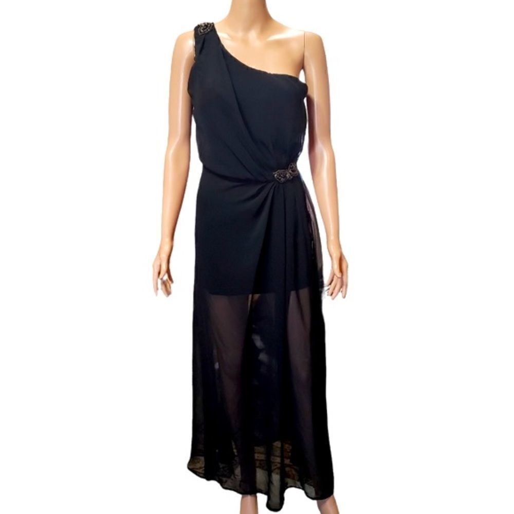 Qurio Black Bead Accent One Shoulder Sheer Maxi Dress SMALL